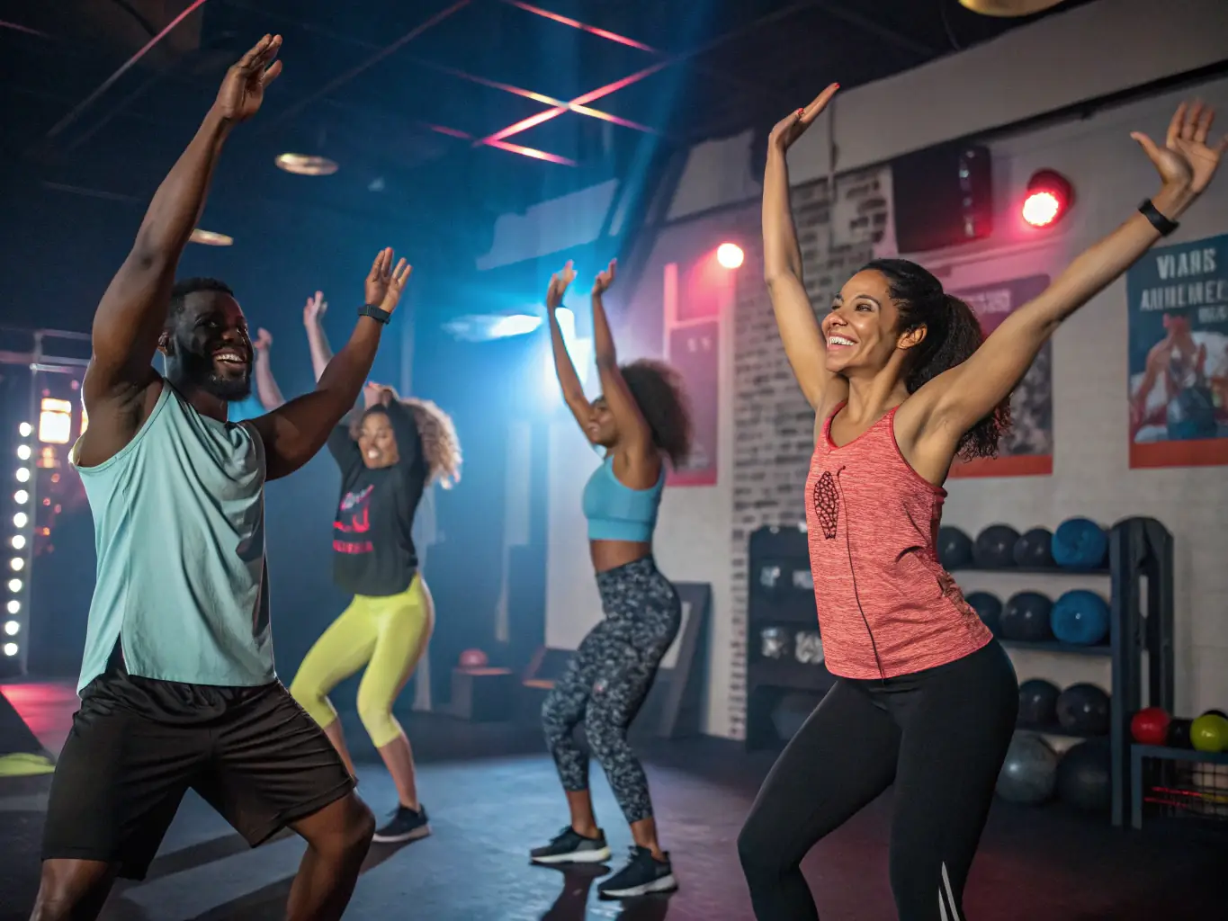 A dynamic image of a group fitness class in action, with participants of varying ages and fitness levels engaged in an energetic workout, led by an enthusiastic instructor.