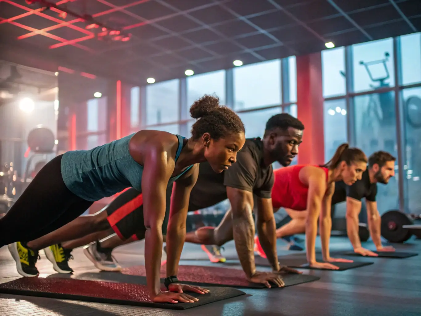 A group of people participating in a high-intensity interval training (HIIT) class at ASS GYM FORM, focusing on cardio and strength exercises.
