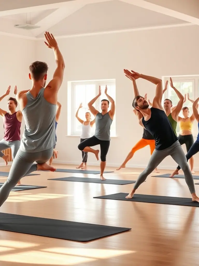 A diverse group of people participating in a yoga class at ASS GYM FORM, emphasizing the inclusivity and variety of fitness options available.
