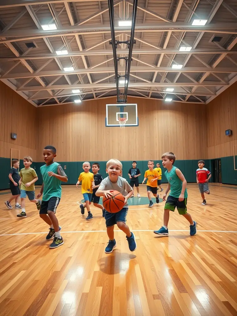 An image of a community basketball game with participants of various ages enjoying the activity, highlighting the fun and inclusive environment of ASS GYM FORM's recreational sports programs.