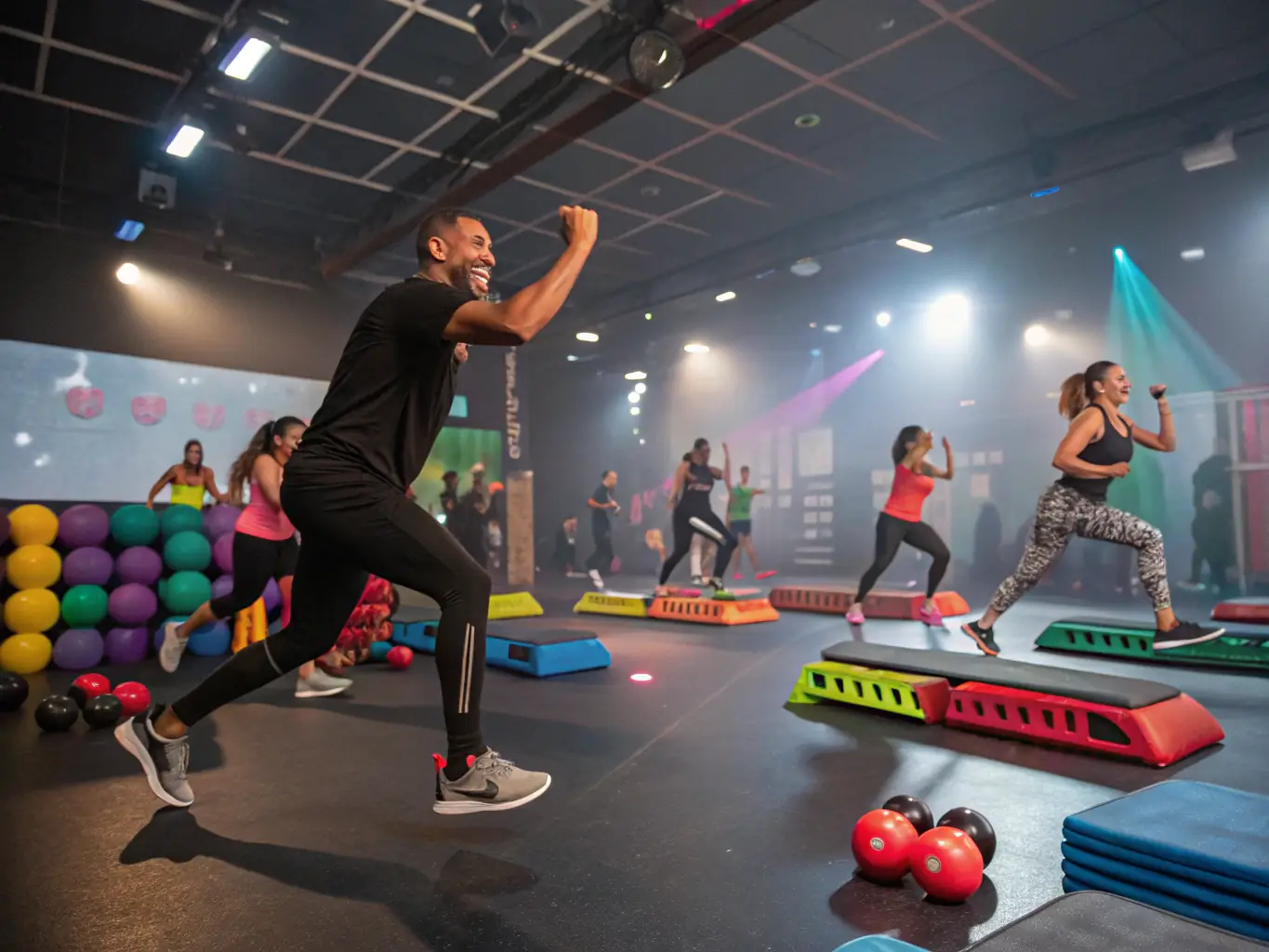 A vibrant photo of a group fitness class in session, with participants actively engaged and instructors guiding the session, showcasing the energy and community spirit of ASS GYM FORM.
