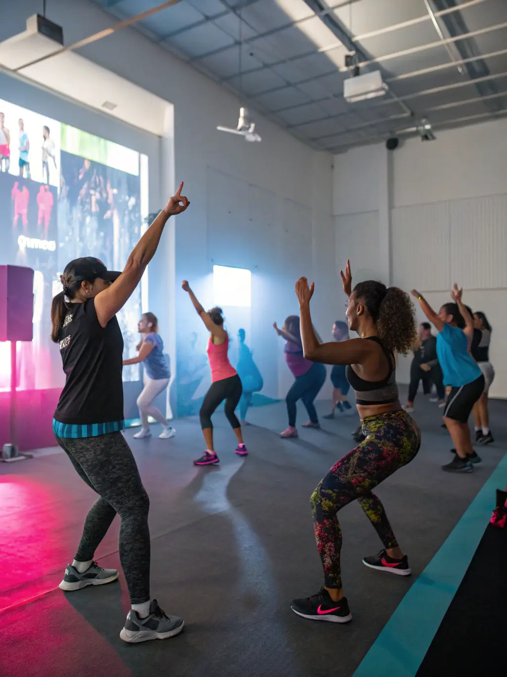 A vibrant photo of a group fitness class in session, with participants actively engaged and instructors guiding the session, showcasing the energy and community spirit of ASS GYM FORM's group fitness programs.