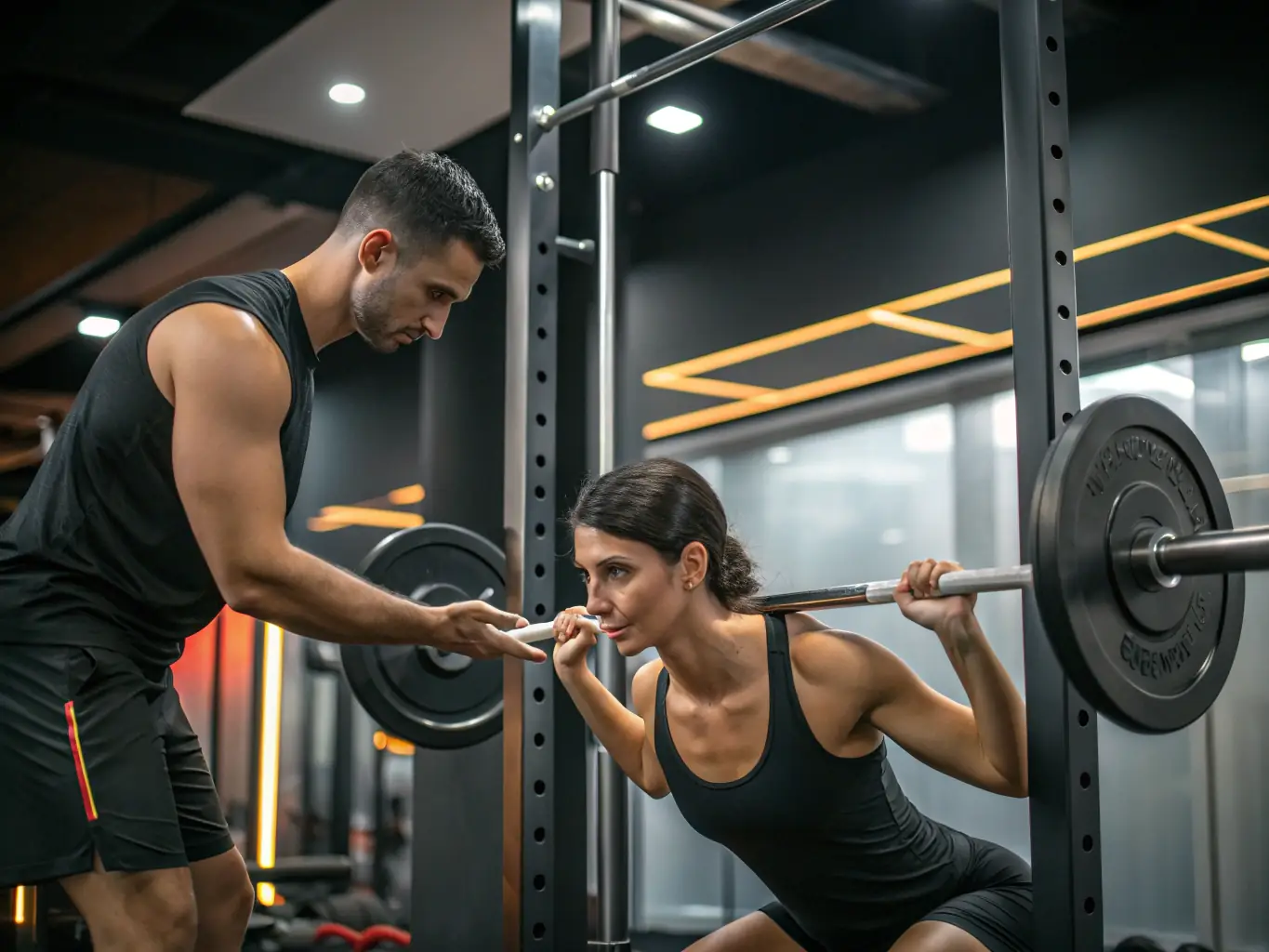 A focused image of a personal training session, highlighting the trainer's personalized guidance, the trainee's effort, and the use of fitness equipment.