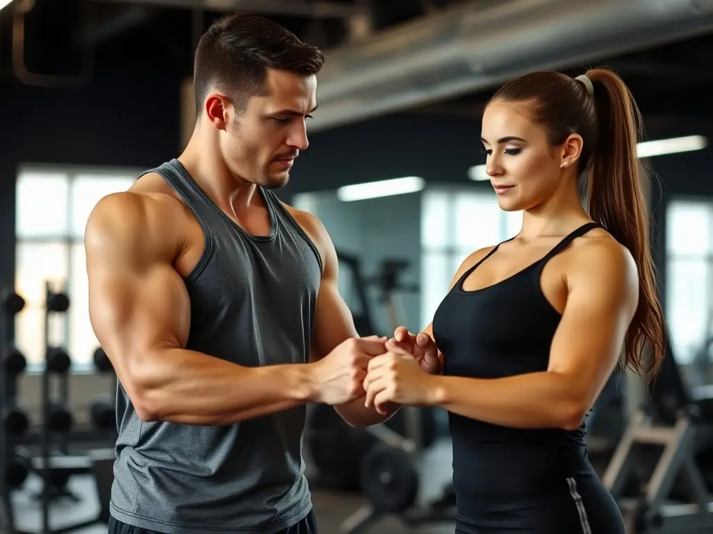 A trainer working closely with a client on strength training in a well-equipped gym setting, demonstrating the personalized approach of ASS GYM FORM's personal training services.